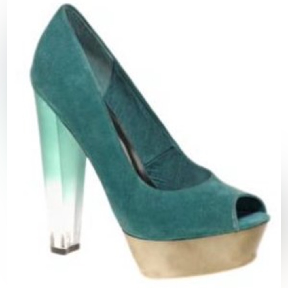 ASOS: Teal Peep Toe Platform Heels with Gold Accents
